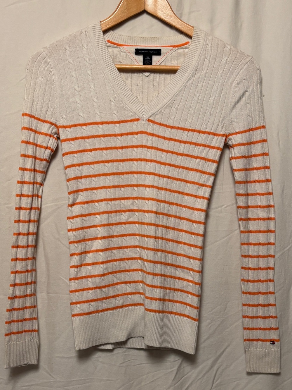 Tommy Hilfiger Polo Cream & Orange stripped v-neck pull over 100% cotton